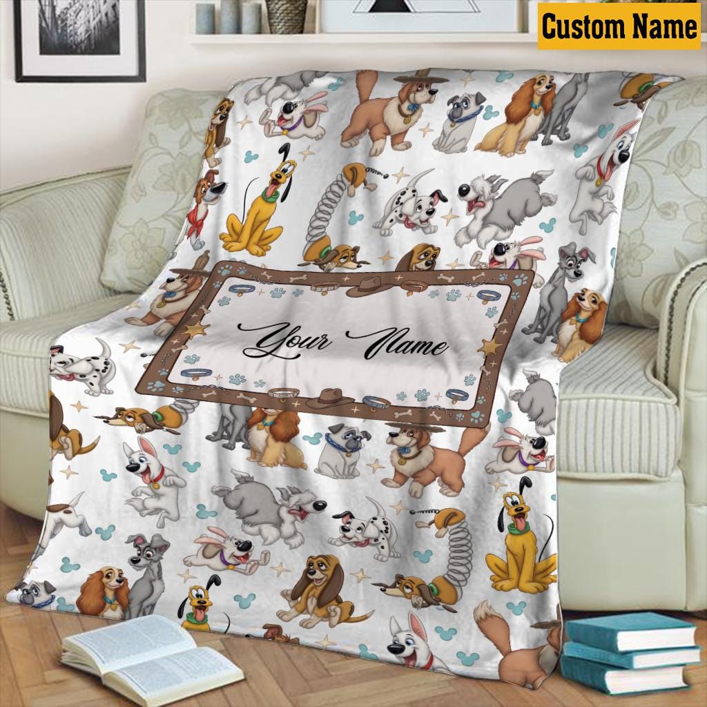 Personalized Disney Dogs Blanket, Custom Name Puppy Character Throw, Lady and the Tramp Pluto Nursery Decor Gift Cartoon Fleece Blanket