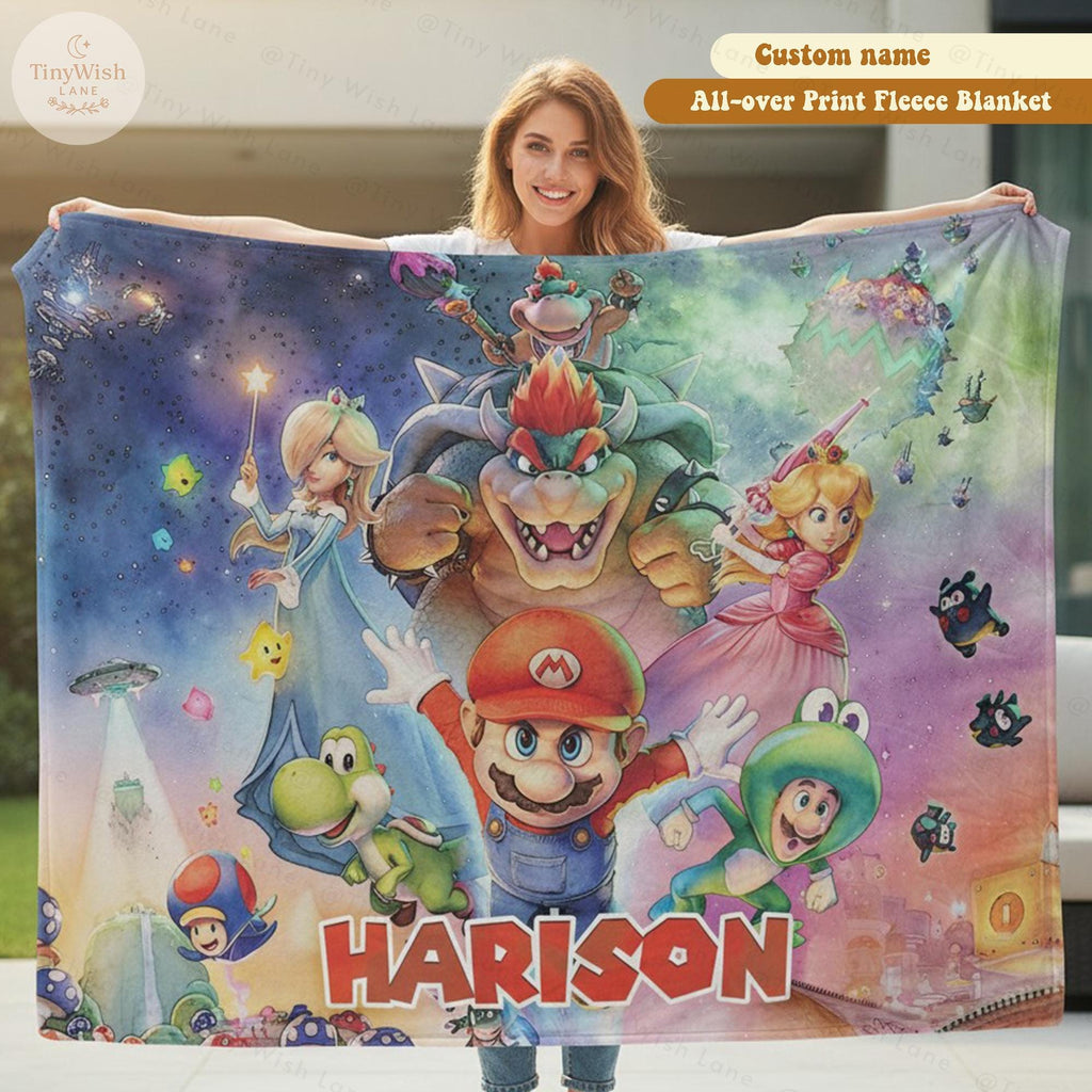Personalized Watercolor Galaxy Game Blanket, Custom Name Colorful Space Adventure Throw, Cartoon Hero Planet Blanket, Birthday Gift for Boys