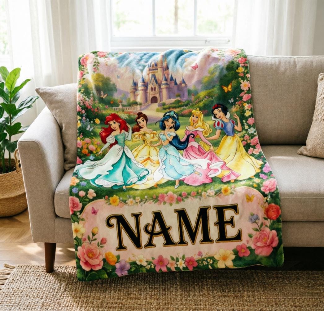 Custom Princess Ariel Belle Jasmine Blanket Soft Throw, Personalized Kids Throw