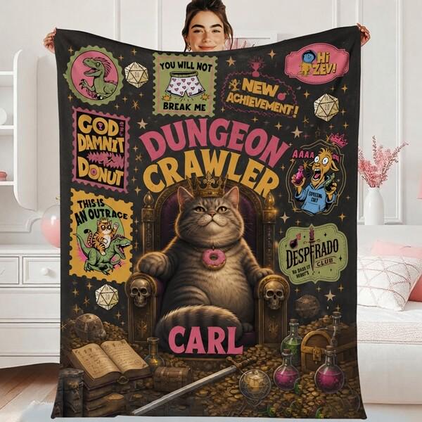 Dungeon Crawler Princess Donut And Mongo Fleece Blanket, Dungeon Crawler Carl Blanket, Fantasy Book Style Blanket, Cozy Home Gift for Gamer
