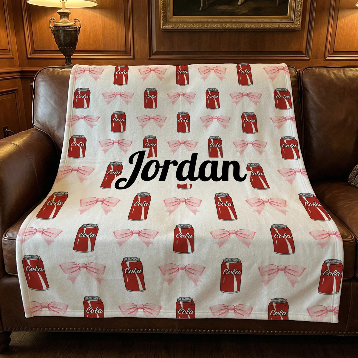 Cola Personalised Soda Blanket Throw with Name,Custom Pink Bow Blanket,Fun Gift for Kid,Wife husband birthday anniversary,Unique Present