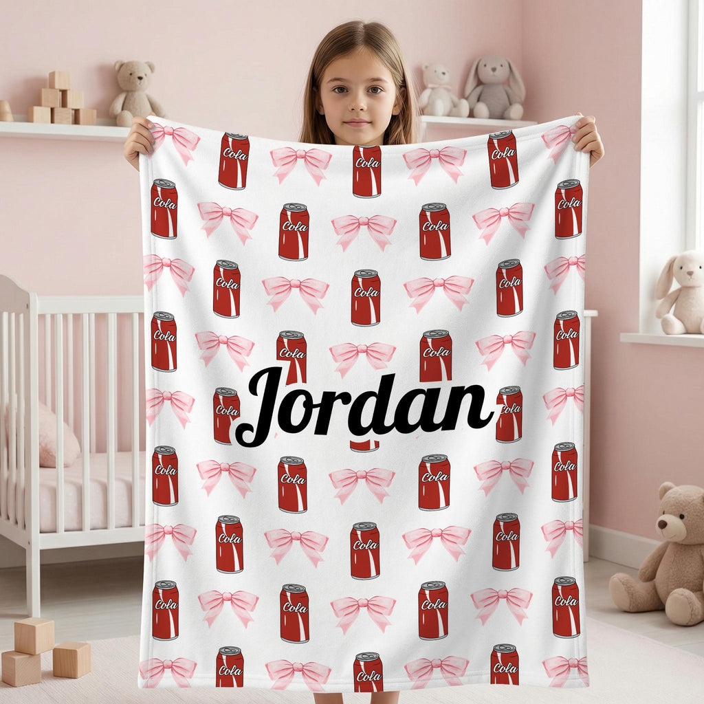 Cola Personalised Soda Blanket Throw with Name,Custom Pink Bow Blanket,Fun Gift for Kid,Wife husband birthday anniversary,Unique Present