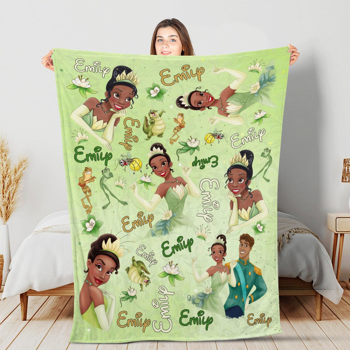 Personalized Tiana Princess Blanket, Custom Name Disney Princess Throw, Princess and the Frog Gift for Girl,Kids Birthday Gift,Nursery Decor