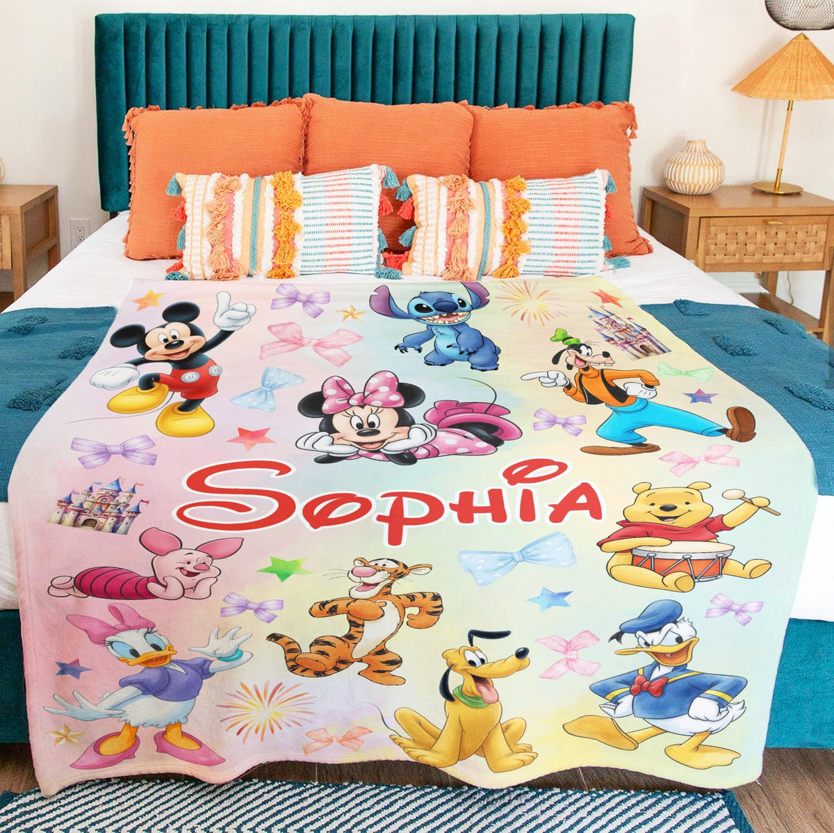 Personalized Disney Characters Blanket, Custom Girl Name Blanket, Mickey Minnie Mouse Daisy Winnie the Pooh Blanket, Baby Girl Nursery Gift