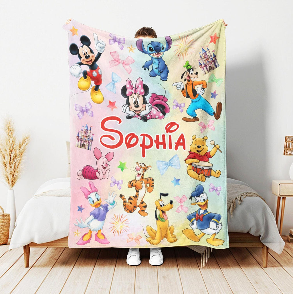 Personalized Disney Characters Blanket, Custom Girl Name Blanket, Mickey Minnie Mouse Daisy Winnie the Pooh Blanket, Baby Girl Nursery Gift