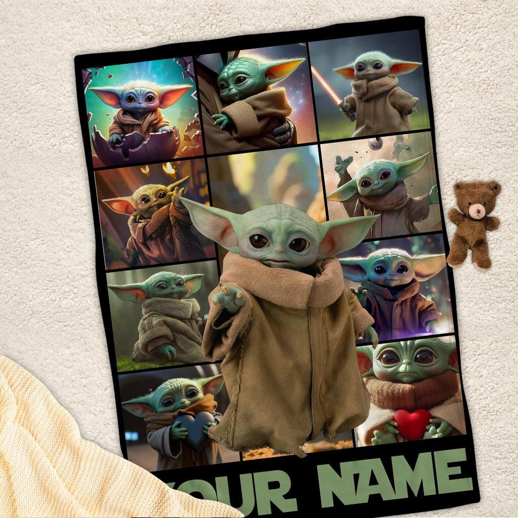 Custom Name Baby Yoda Fleece Blanket, Disney Star Wars Blanket, Christmas Blanket, Birthday Gift Birthday Boy, Cozy Disney Home Decor
