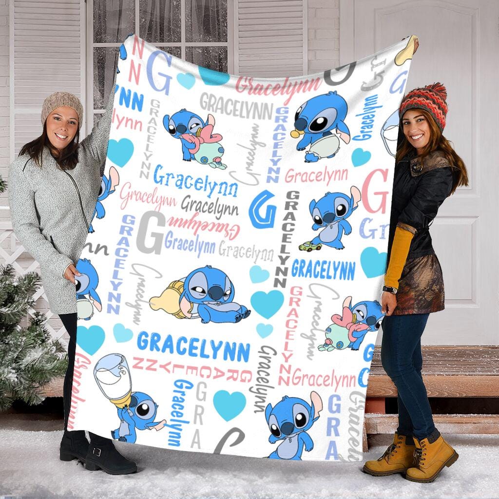 Custom Name Stitch Baby Kids Name Blanket, Personalized Lilo Stitch Baby Blanket, Stitch Blanket, Disney Trip Birthday Gift For Boy Girl