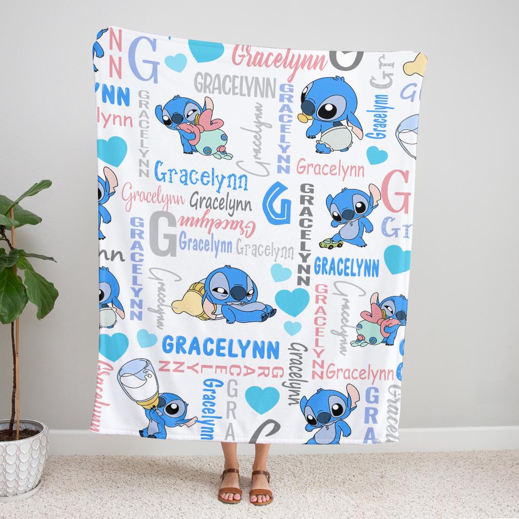 Custom Name Stitch Baby Kids Name Blanket, Personalized Lilo Stitch Baby Blanket, Stitch Blanket, Disney Trip Birthday Gift For Boy Girl