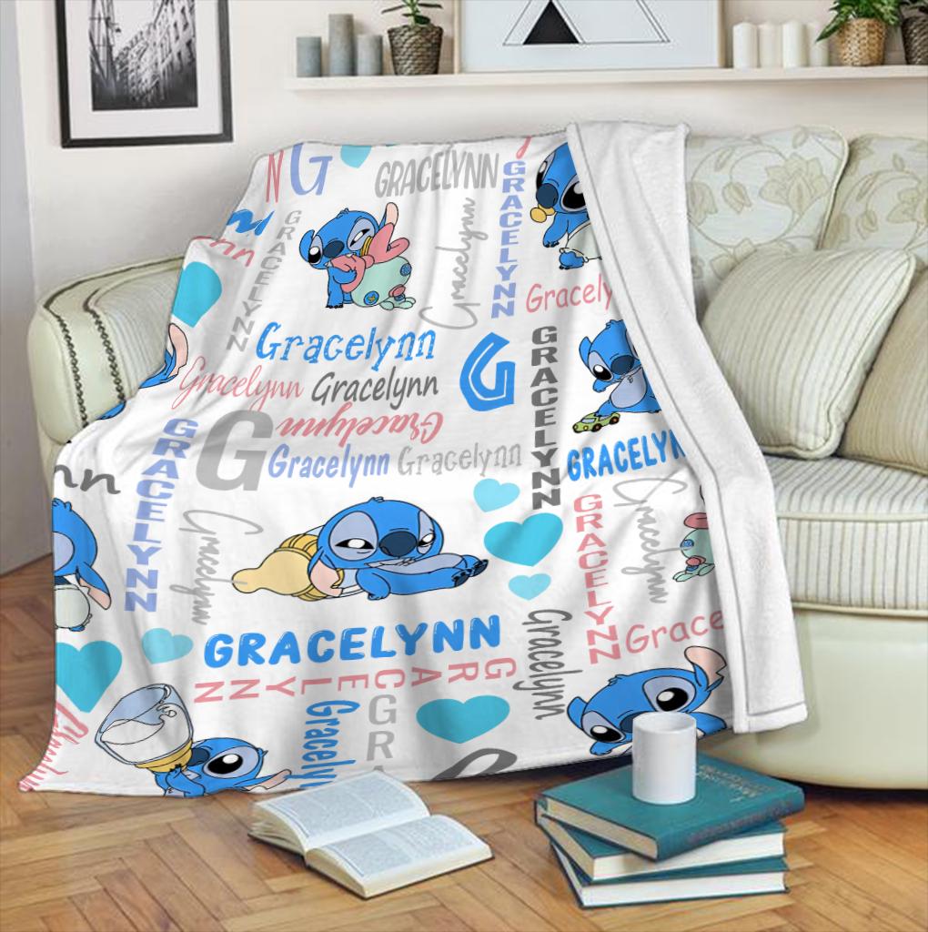 Custom Name Stitch Baby Kids Name Blanket, Personalized Lilo Stitch Baby Blanket, Stitch Blanket, Disney Trip Birthday Gift For Boy Girl