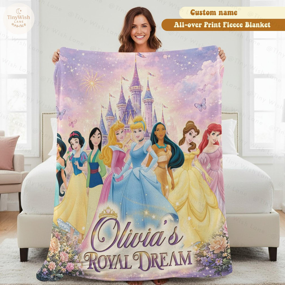 Custom Name Princess Fleece Throw, Personalized Disney Princess Blanket, Royal Dream Girls Castle Birthday Gift for Girls, Cinderella Belle