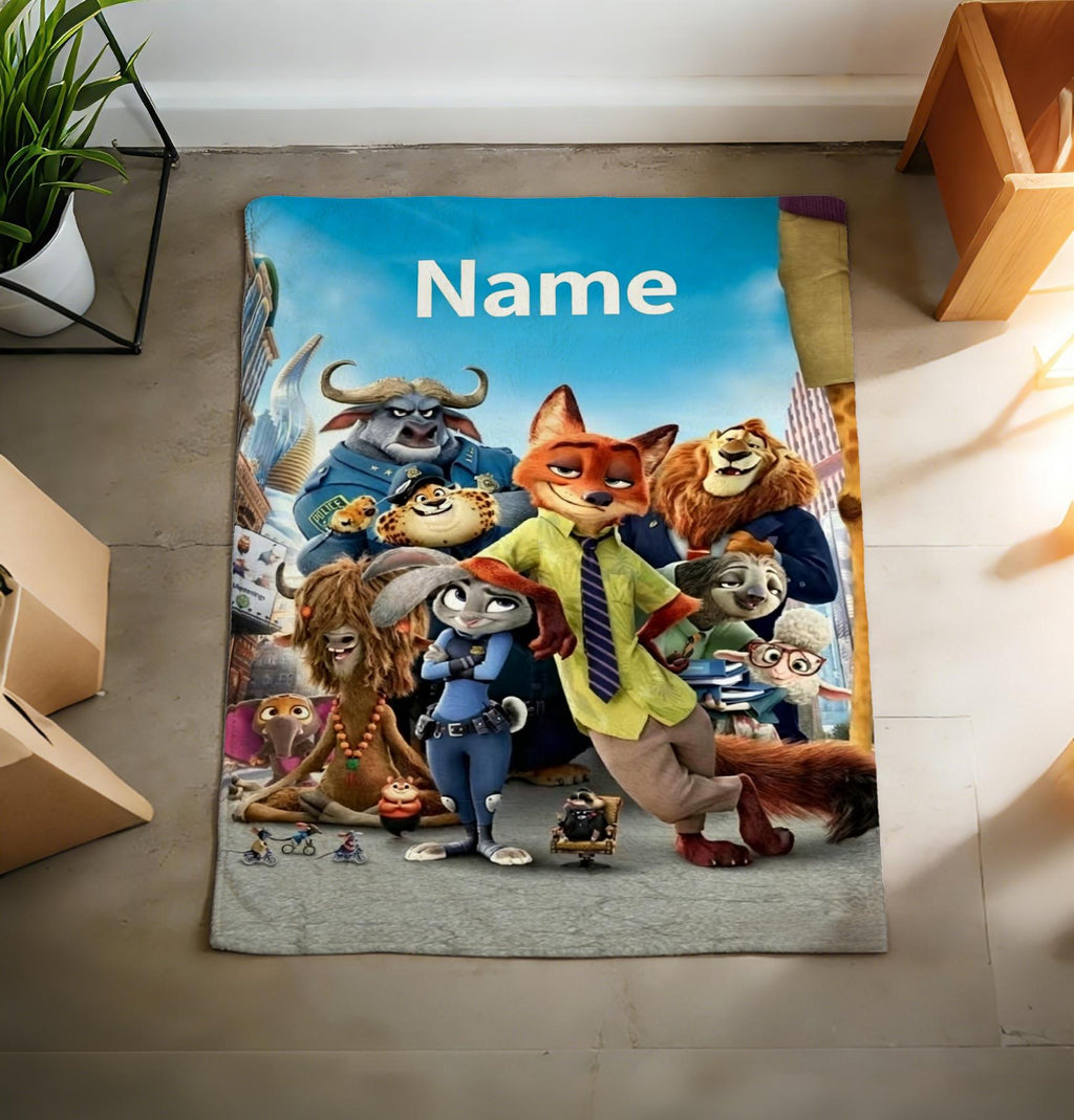 Personalized Zootopia Soft Throw Blanket, Custom Name Fleece, Anime Gift for Fans