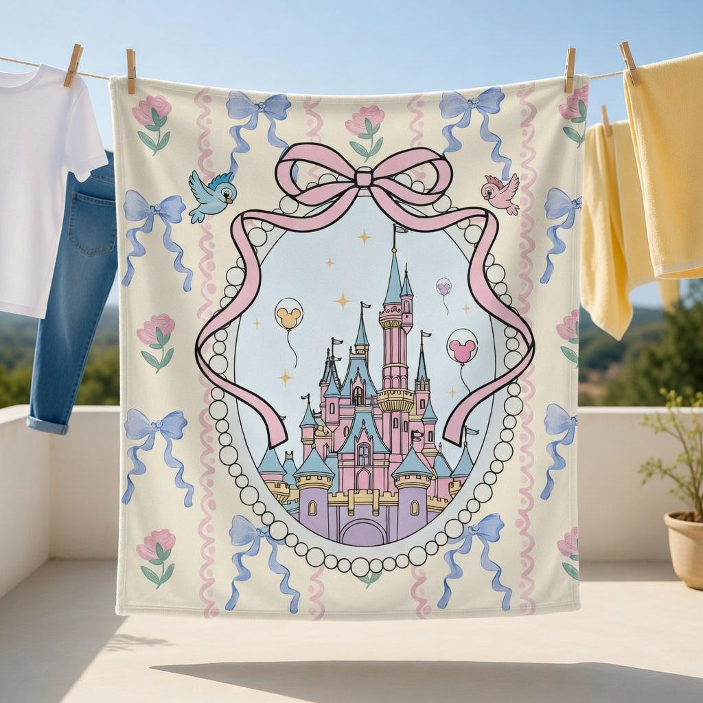 Disney Princess Castle Blanket, Cute Bow Magic Kingdom Castle Blanket, Fairy Tale Kids Blanket, Nursery Decor Gift