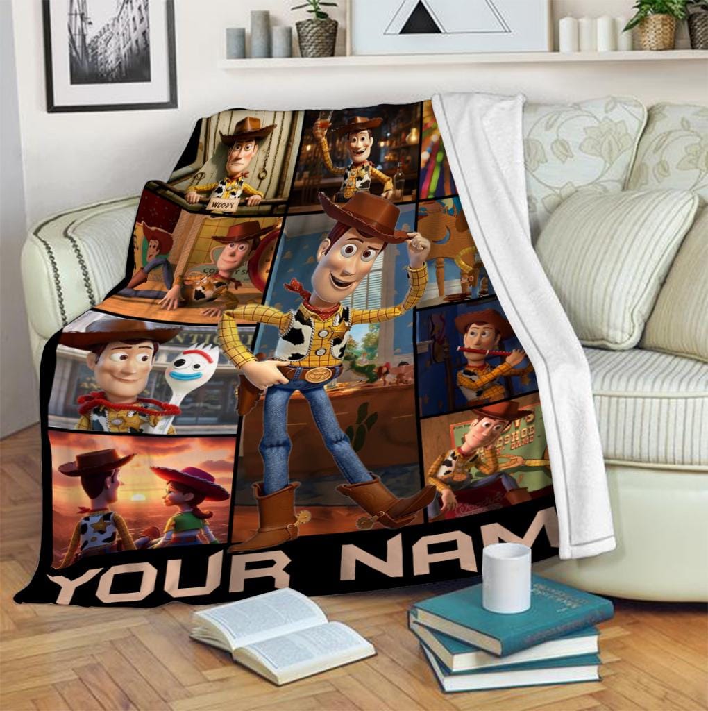 Personalized Cowboy Woody Toy Story Blanket with Name, Custom Buzz Lightyear Blankets for Kids Baby Boy Girl, Cute Toddler Birthday Gift