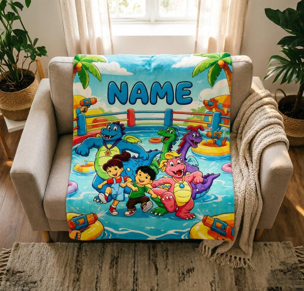 Personalized Dragon Tales Plush Fleece Blanket, Custom Name Kids Throw