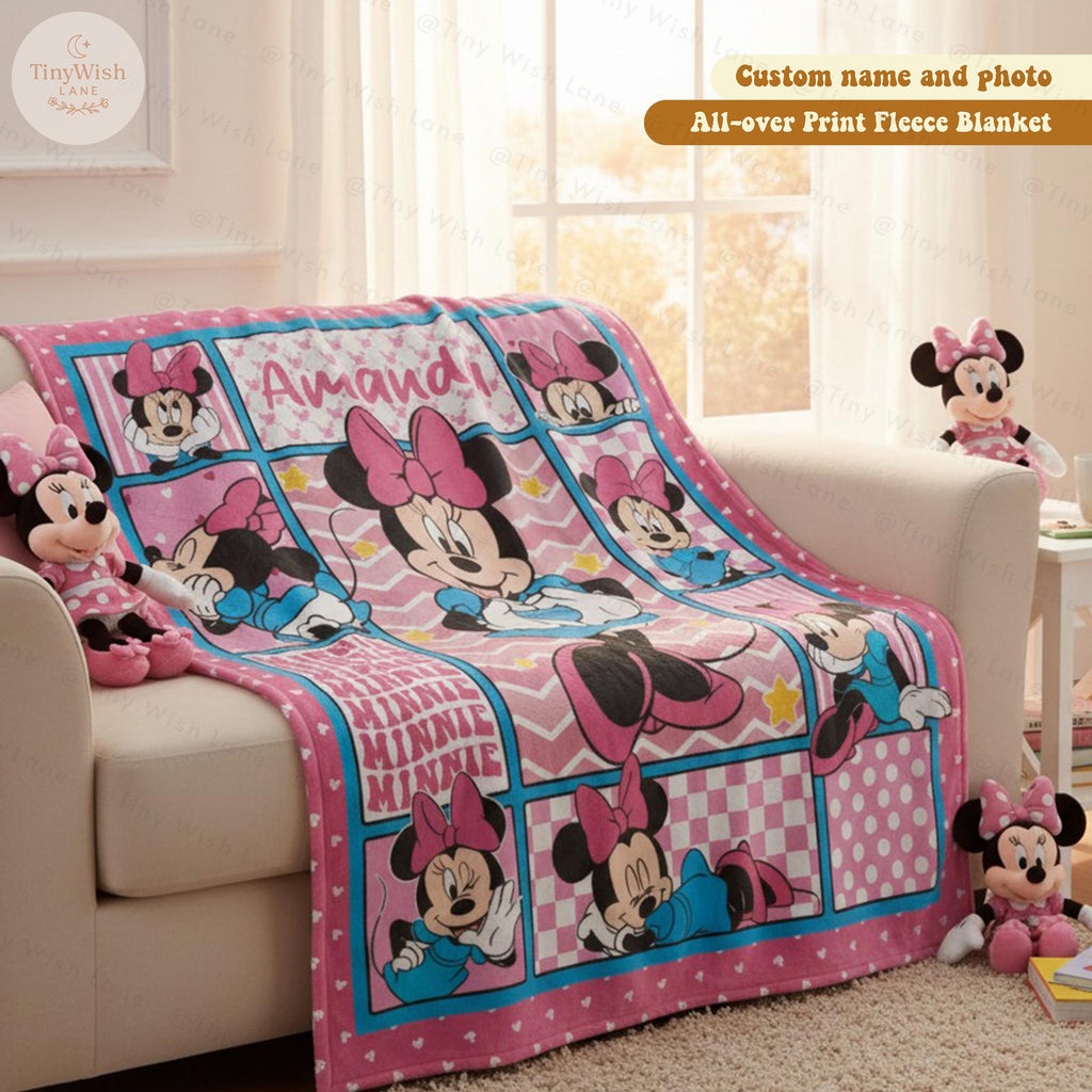 Personalized Minnie Mouse Blanket, Custom Name Disney Minnie Birthday Blanket, Cute Minnie Fan Gift for Girls, Disneyland WDW Gift for Kids