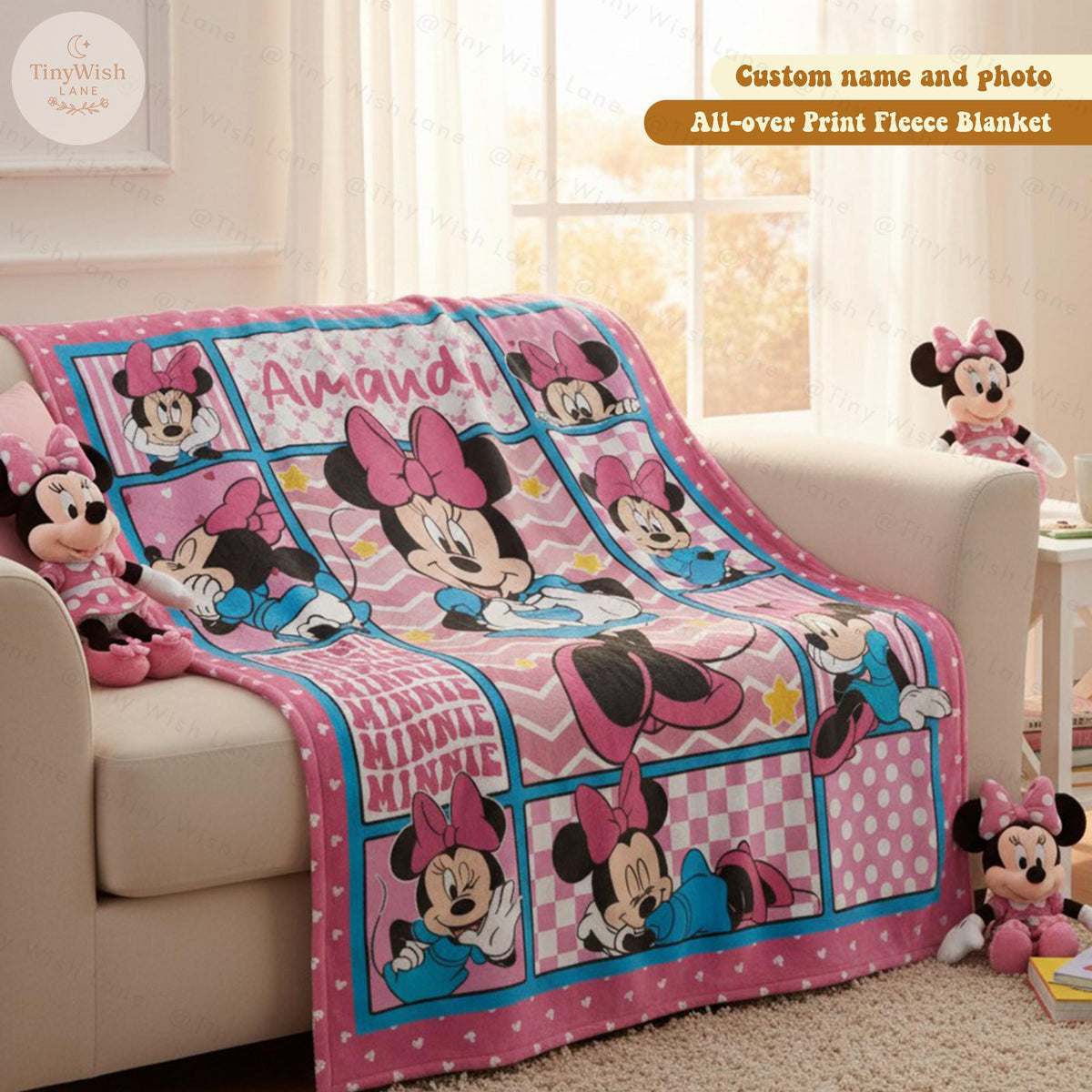 Personalized Minnie Mouse Blanket, Custom Name Disney Minnie Birthday Blanket, Cute Minnie Fan Gift for Girls, Disneyland WDW Gift for Kids