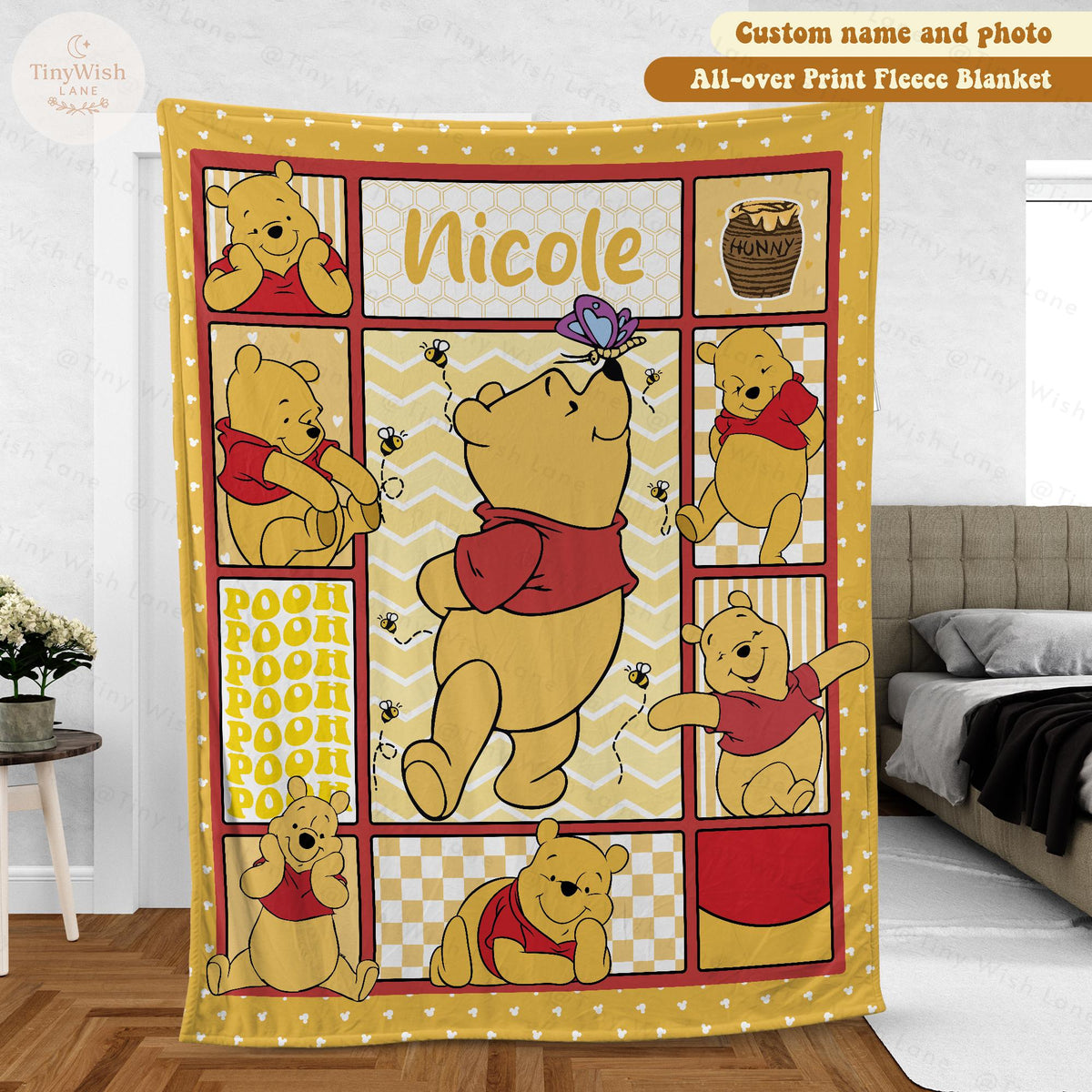 Personalized Winnie The Pooh Baby Blanket, Custom Name Pooh Bear And Friends Blanket, Cute Pooh Gift for Kids, Baby Shower Blanket Gift