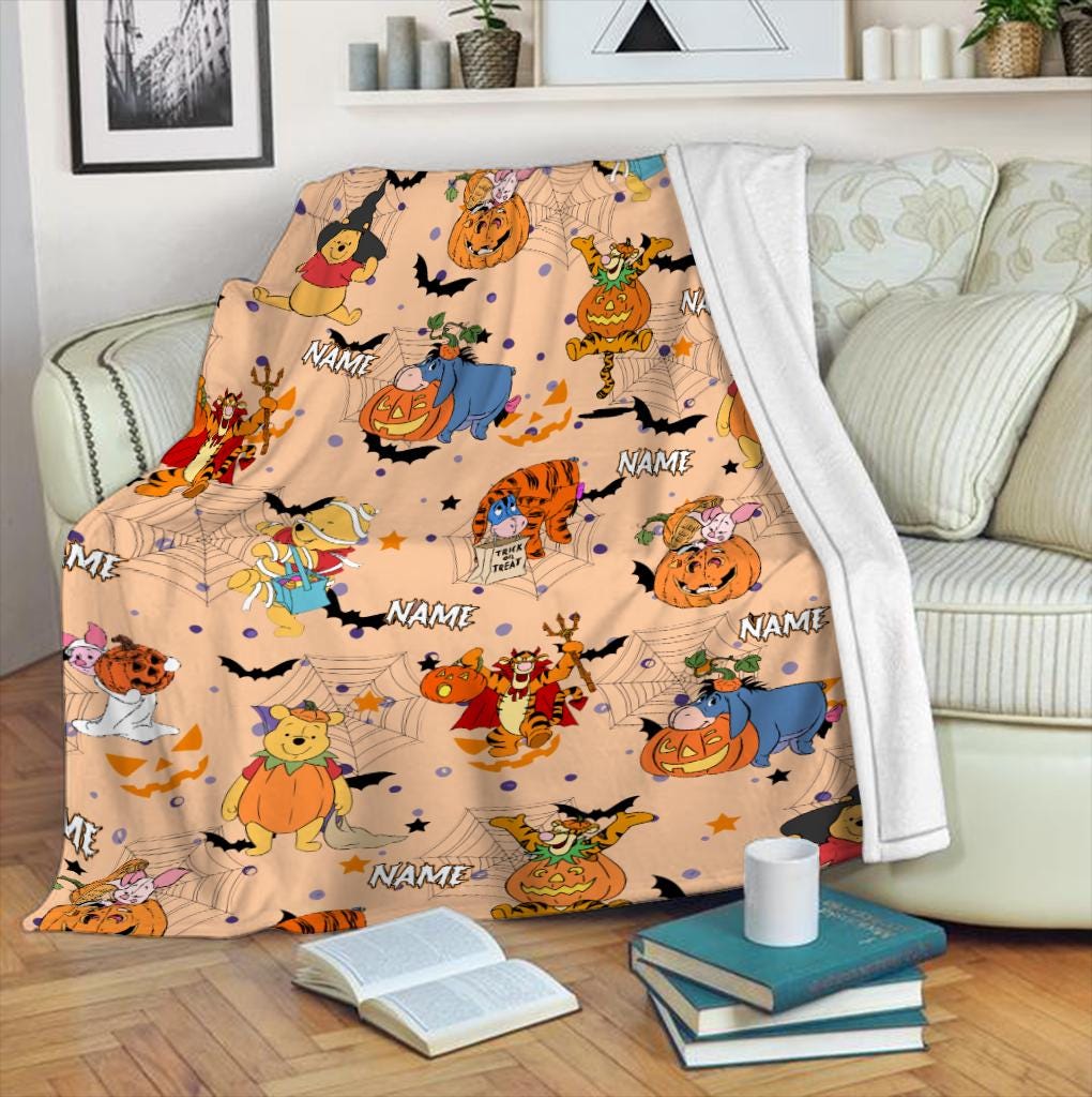 Personalized Winnie The Pooh Halloween Blanket, Pooh and Friends Halloween Fleece Blanket, Toddler Birthday Gift, Fall Tigger Piglet Pooh