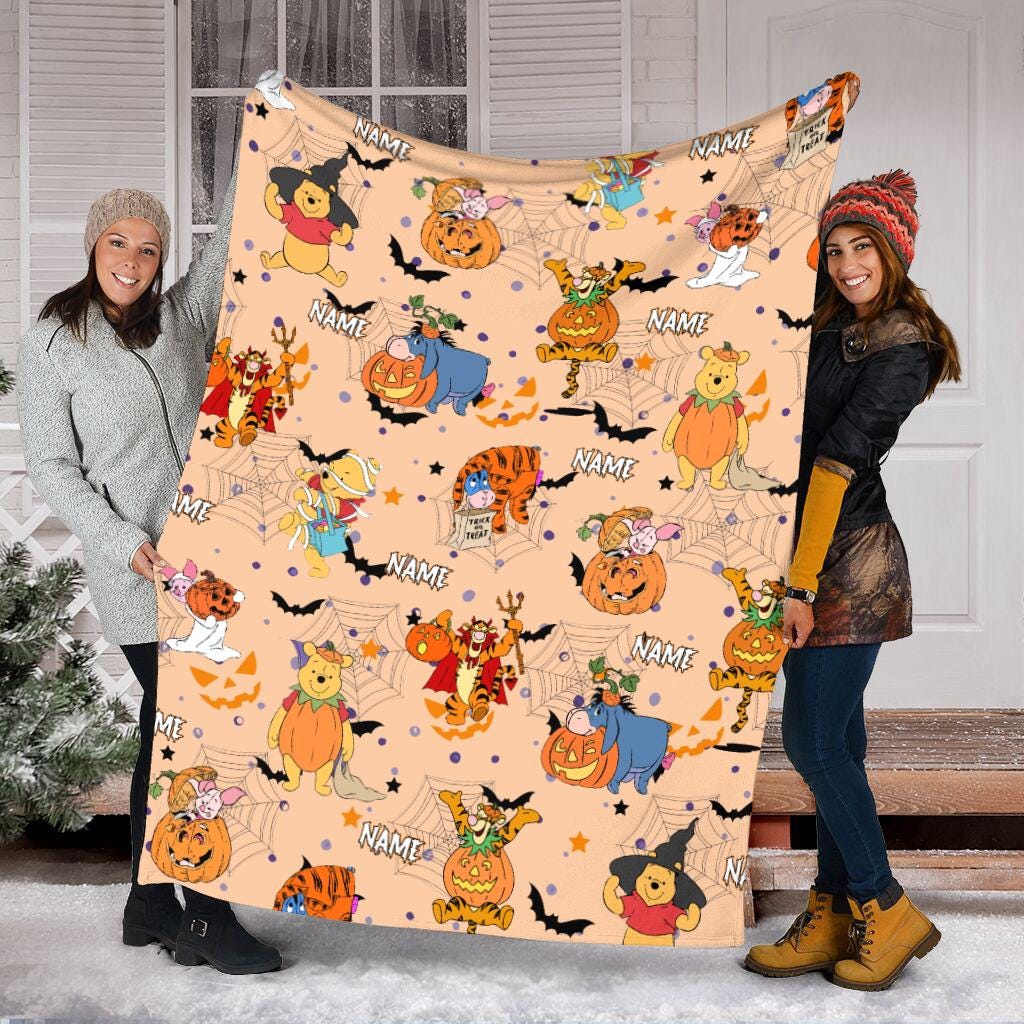 Personalized Winnie The Pooh Halloween Blanket, Pooh and Friends Halloween Fleece Blanket, Toddler Birthday Gift, Fall Tigger Piglet Pooh