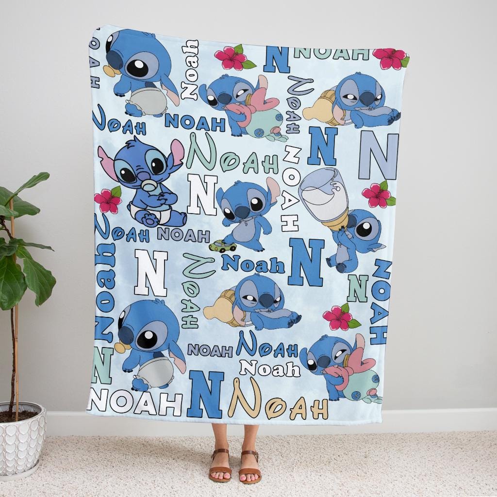 Personalized Baby Lilo Stitch Blanket, Custom Name Stitch Baby Kids Name Blanket, Stitch Blanket, Disney Trip Birthday Gift For Boy Girl