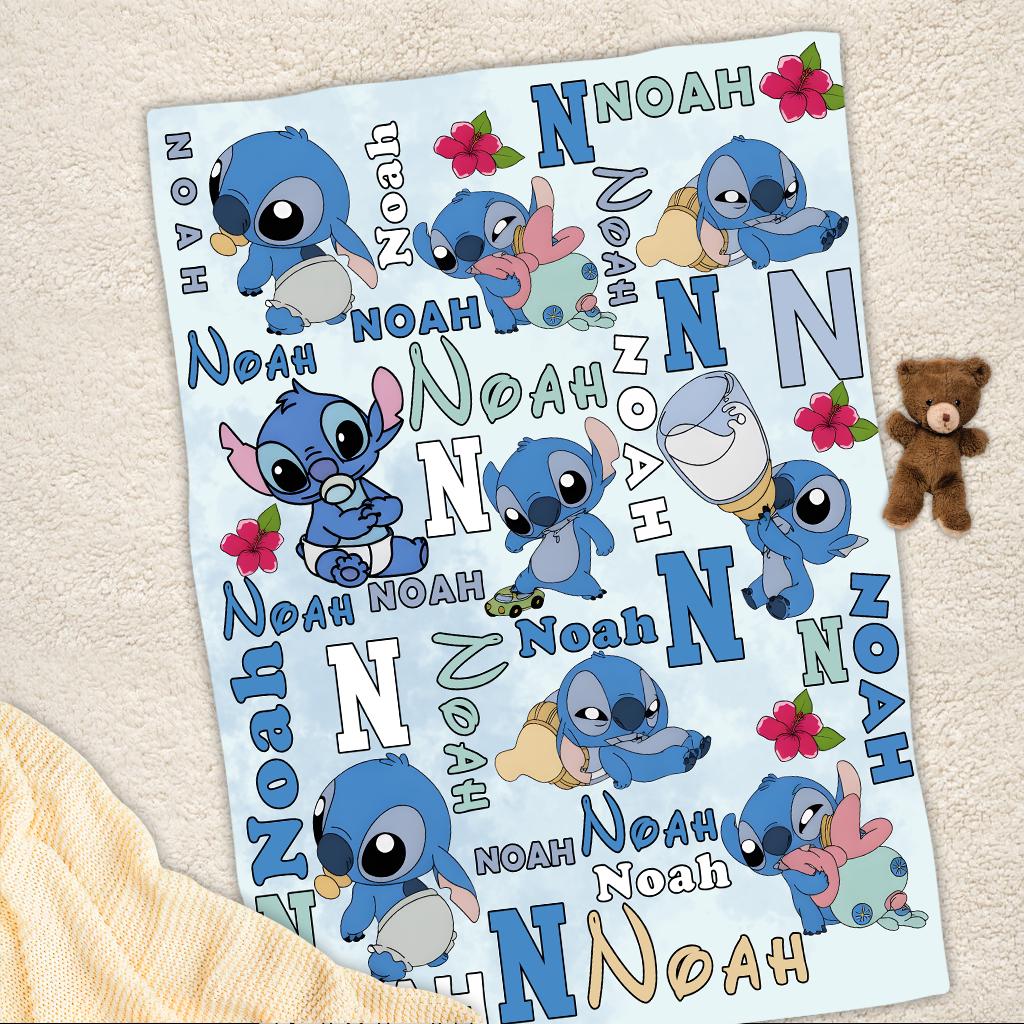 Personalized Baby Lilo Stitch Blanket, Custom Name Stitch Baby Kids Name Blanket, Stitch Blanket, Disney Trip Birthday Gift For Boy Girl