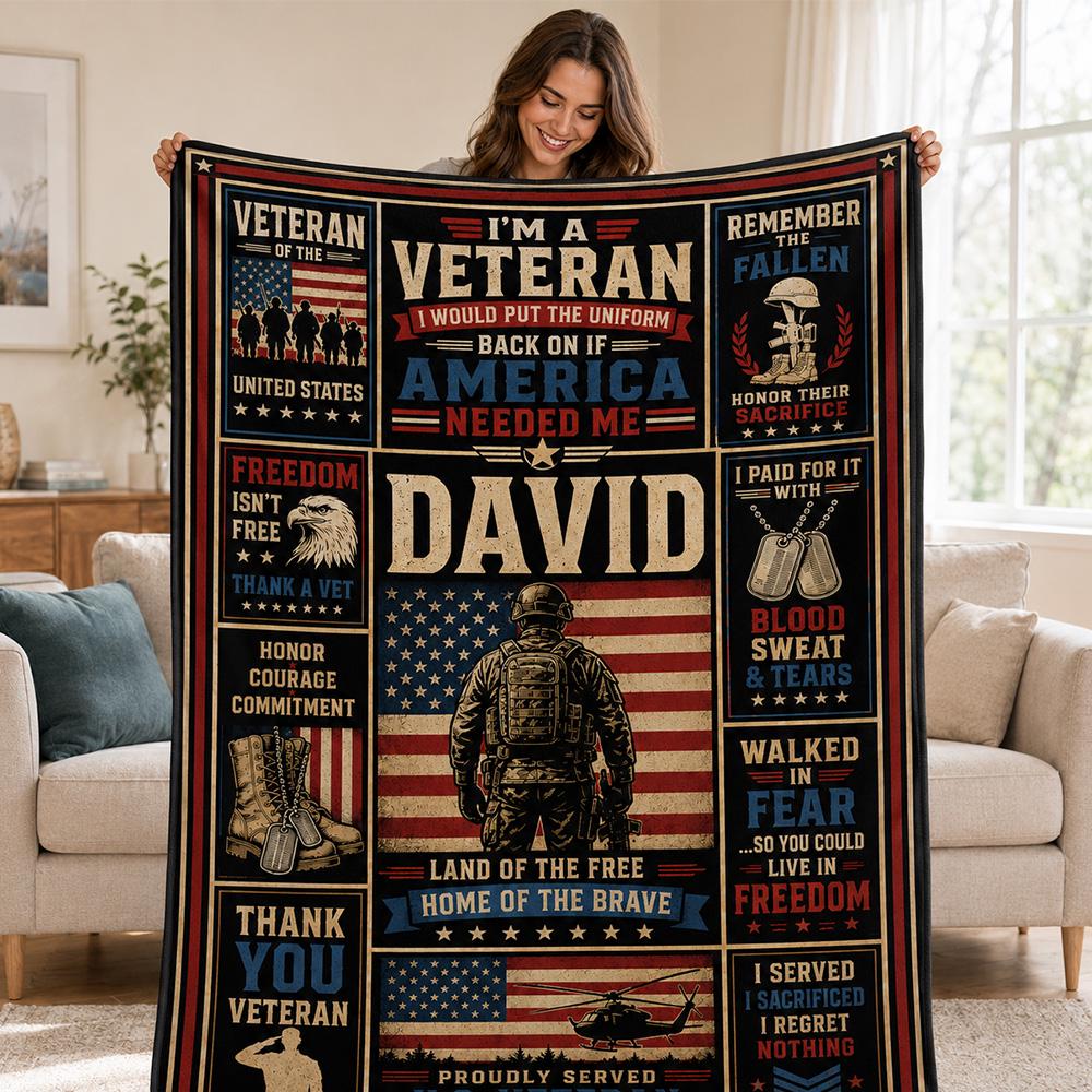 Veteran Blanket for Men, US Army Veteran Throw Blanket, Military Gift for Dad Grandpa Husband, Patriotic Fleece Blanket, Freedom Veteran