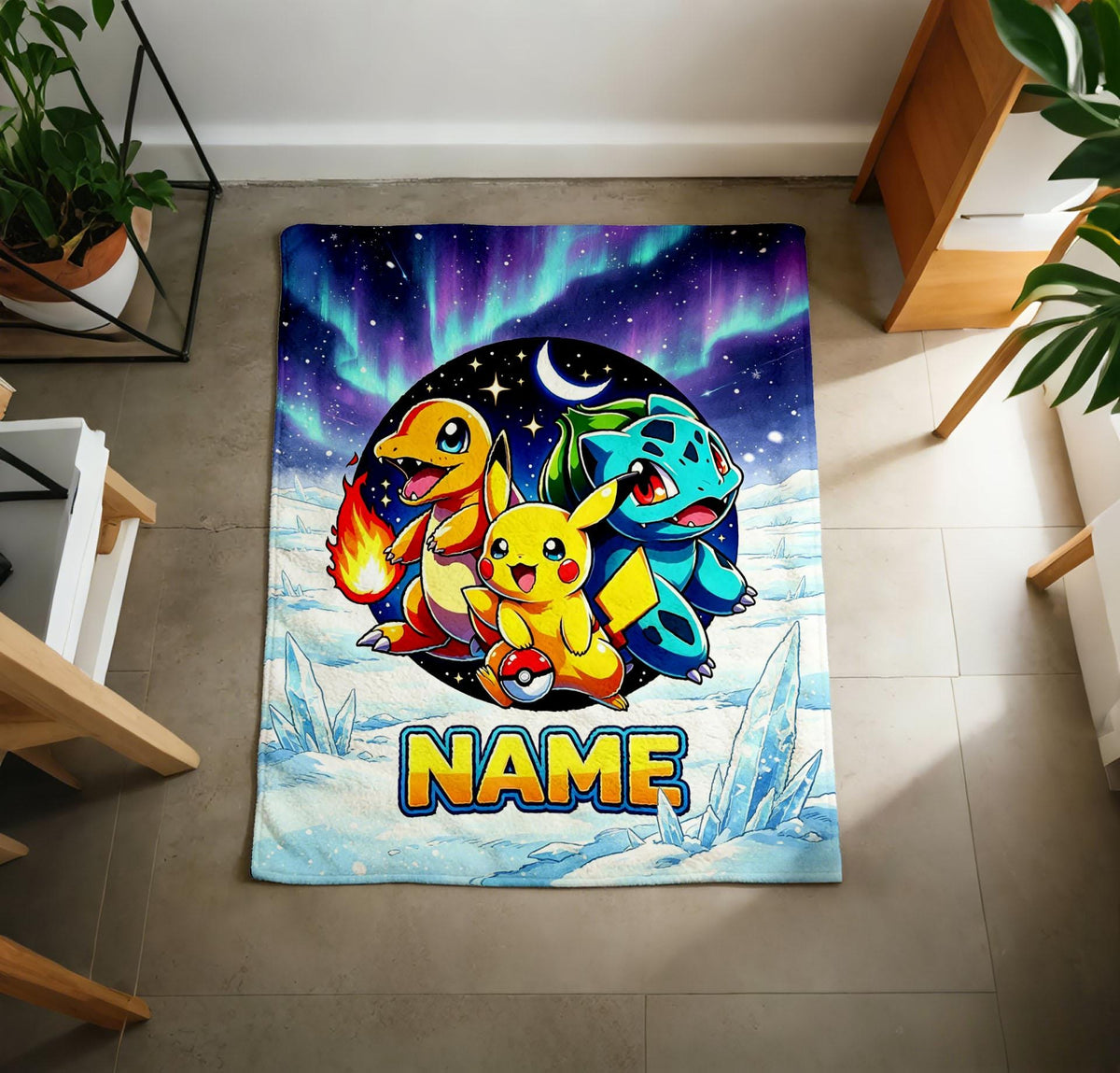Custom Name Northern Lights Pokémon Blanket Soft Throw, Anime Throw, Toddler Keepsake Gift