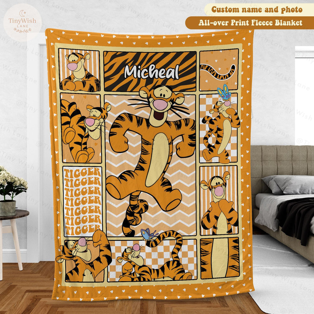 Personalized Tigger Quilt Baby Blanket, Custom Name Pooh Bear And Friends Blanket, Winnie The Pooh Gift for Kids, Baby Shower Blanket Gift