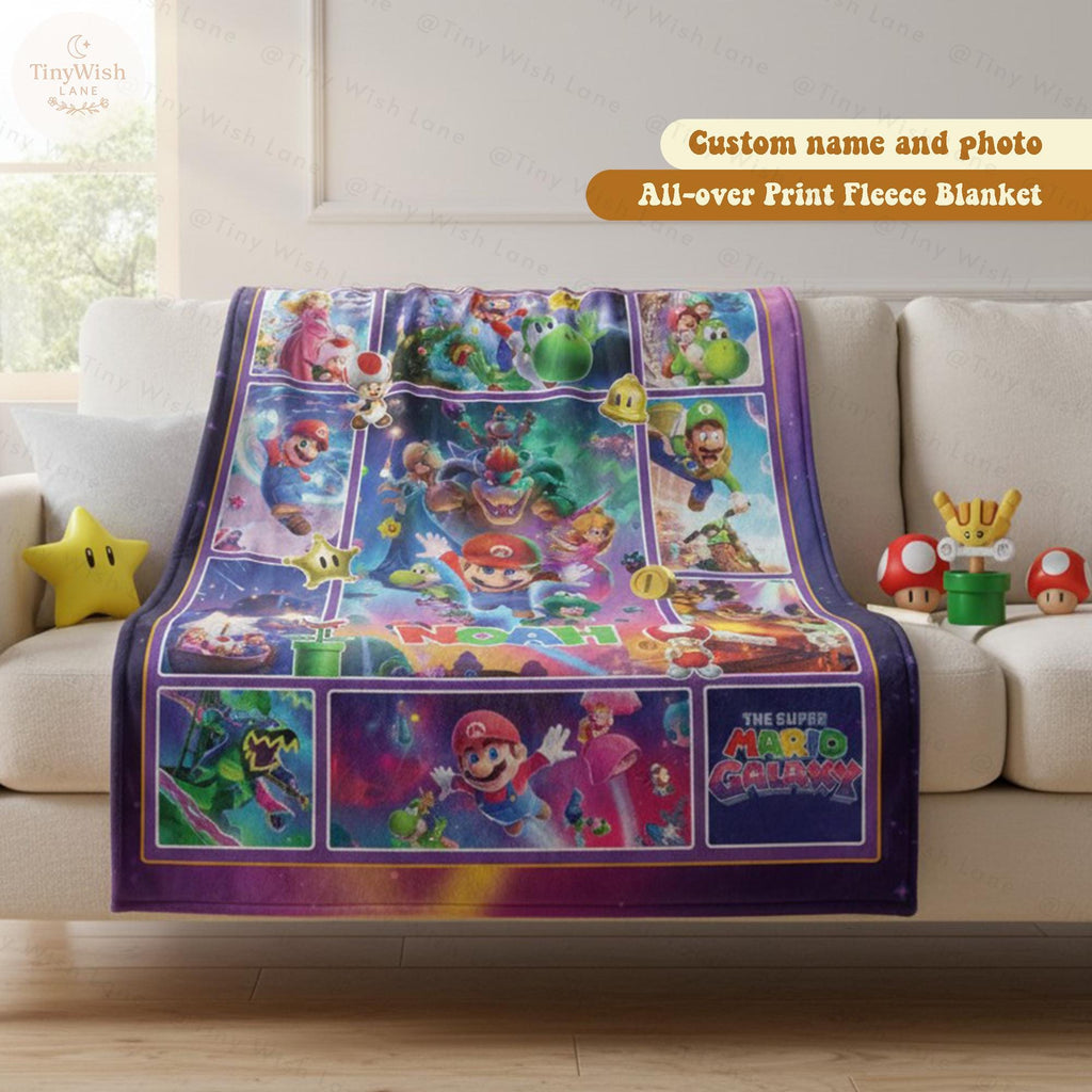Personalized Galaxy Adventure Blanket, Custom Name Space Theme Throw, Bday Gift for Boys and Gamers, Colorful Galaxy Cartoon Throw Blanket