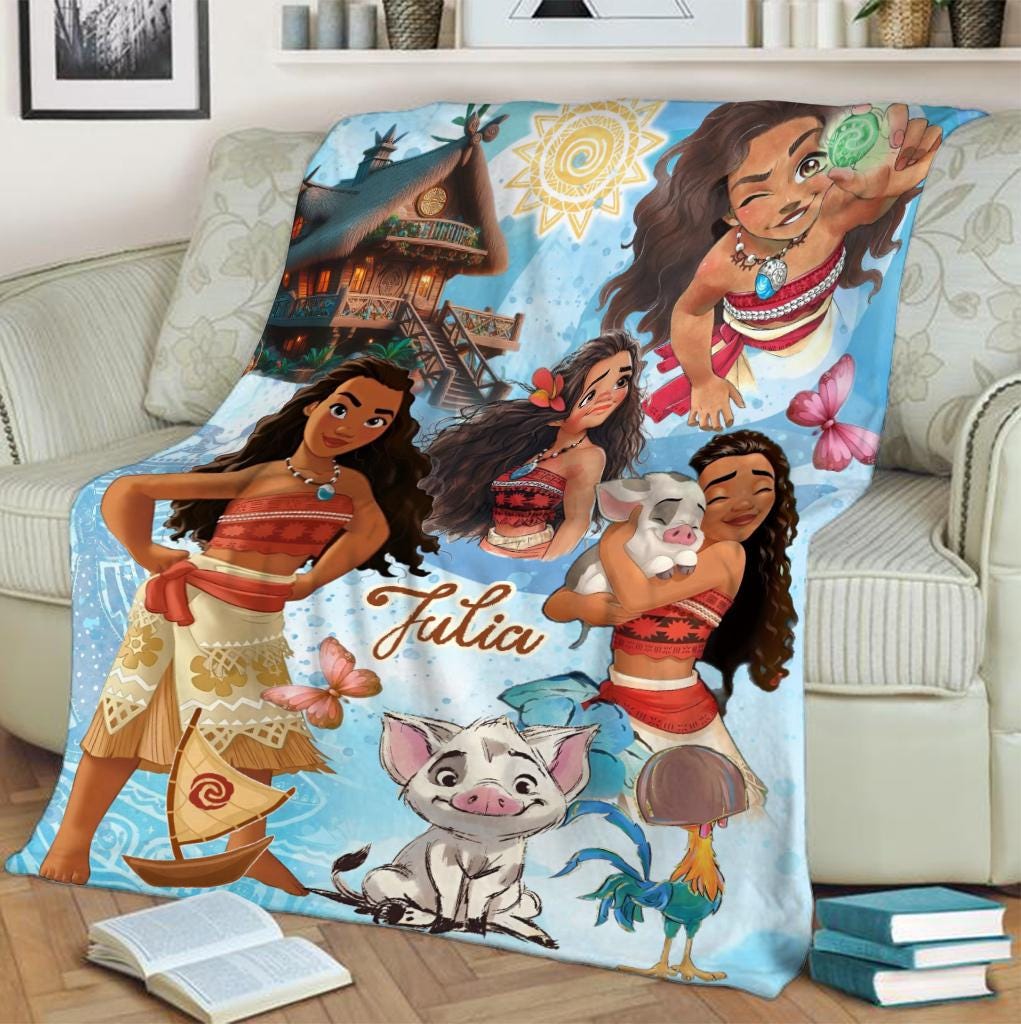 Personalized Moana Princess Blanket, Custom Name Princess With Pig Chicken Beach Blanket, Magic Kingdom Characters Blanket, Princess Blanket