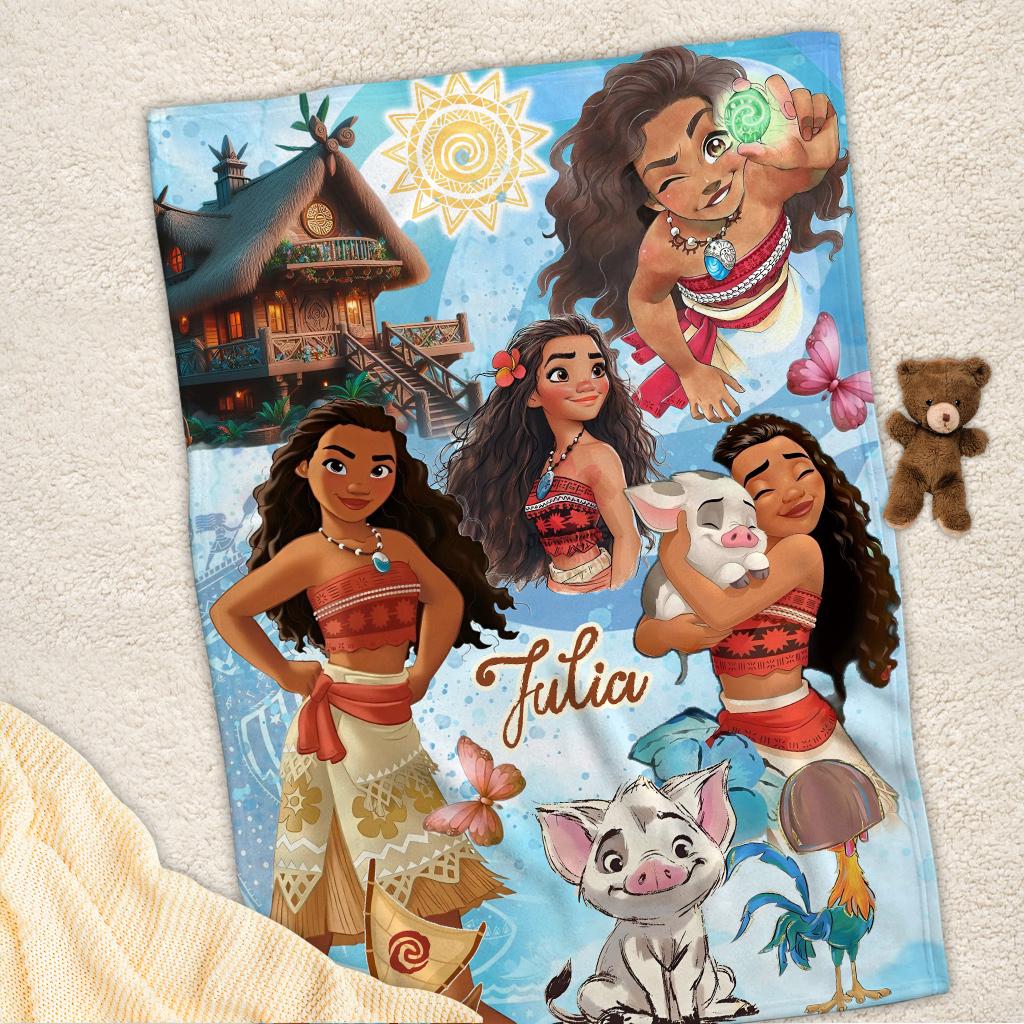 Personalized Moana Princess Blanket, Custom Name Princess With Pig Chicken Beach Blanket, Magic Kingdom Characters Blanket, Princess Blanket