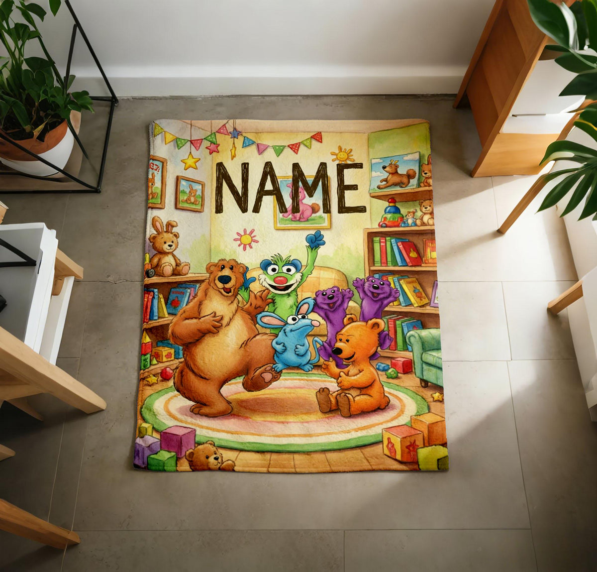Personalized Cartoon Bear Fleece Blanket – Custom Name Throw for Kids' Nursery Decor