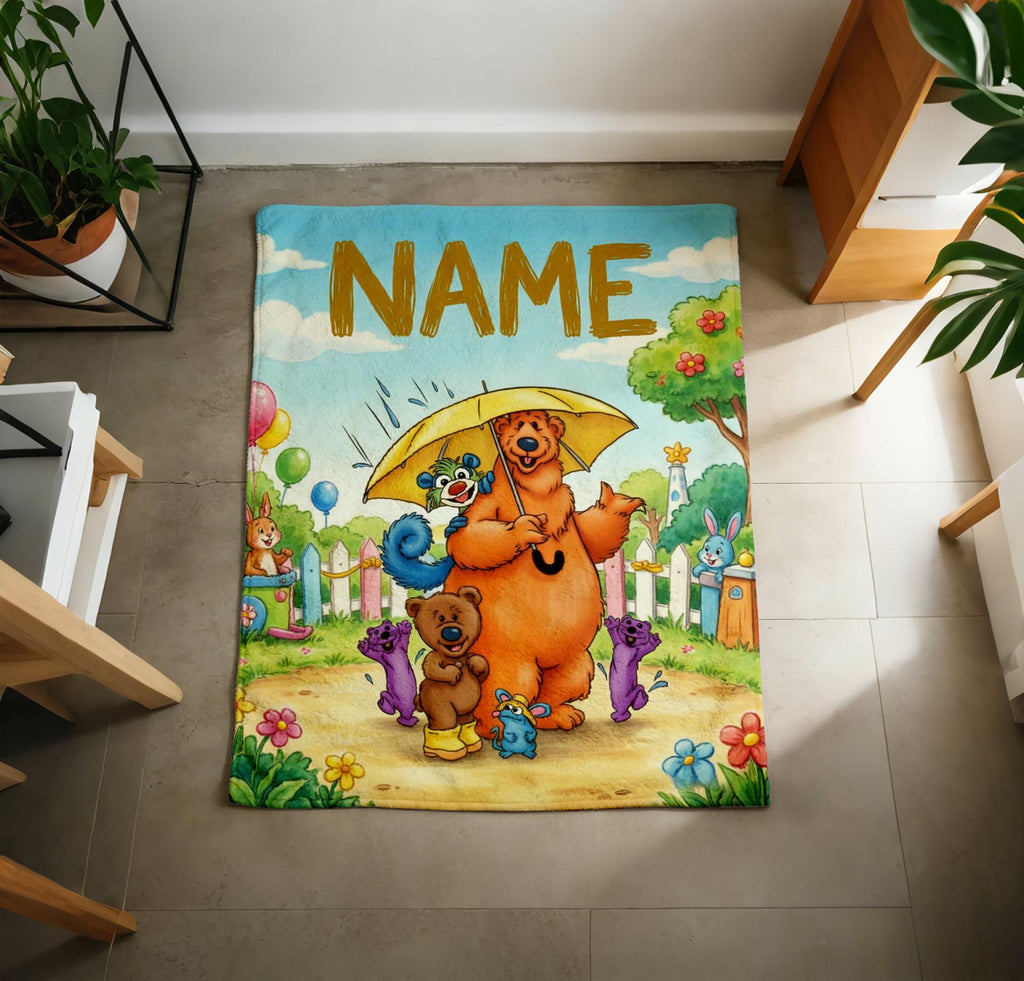 Personalized Bear Big Blue House Blanket, Soft Plush Throw, Custom Name Kids Gift