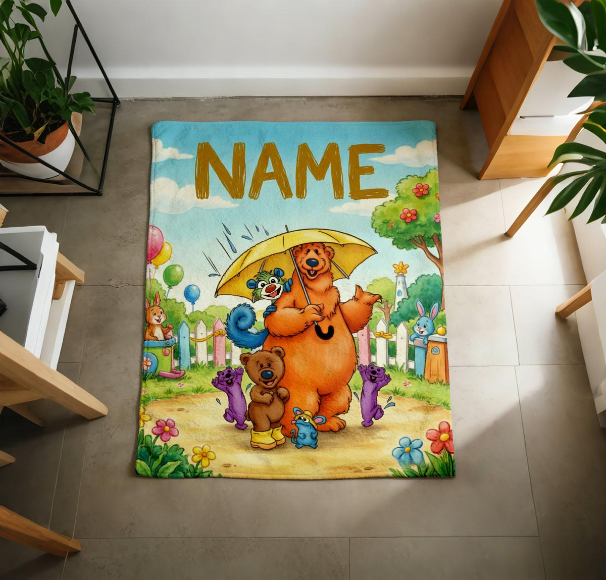 Personalized Bear Big Blue House Blanket, Soft Plush Throw, Custom Name Kids Gift