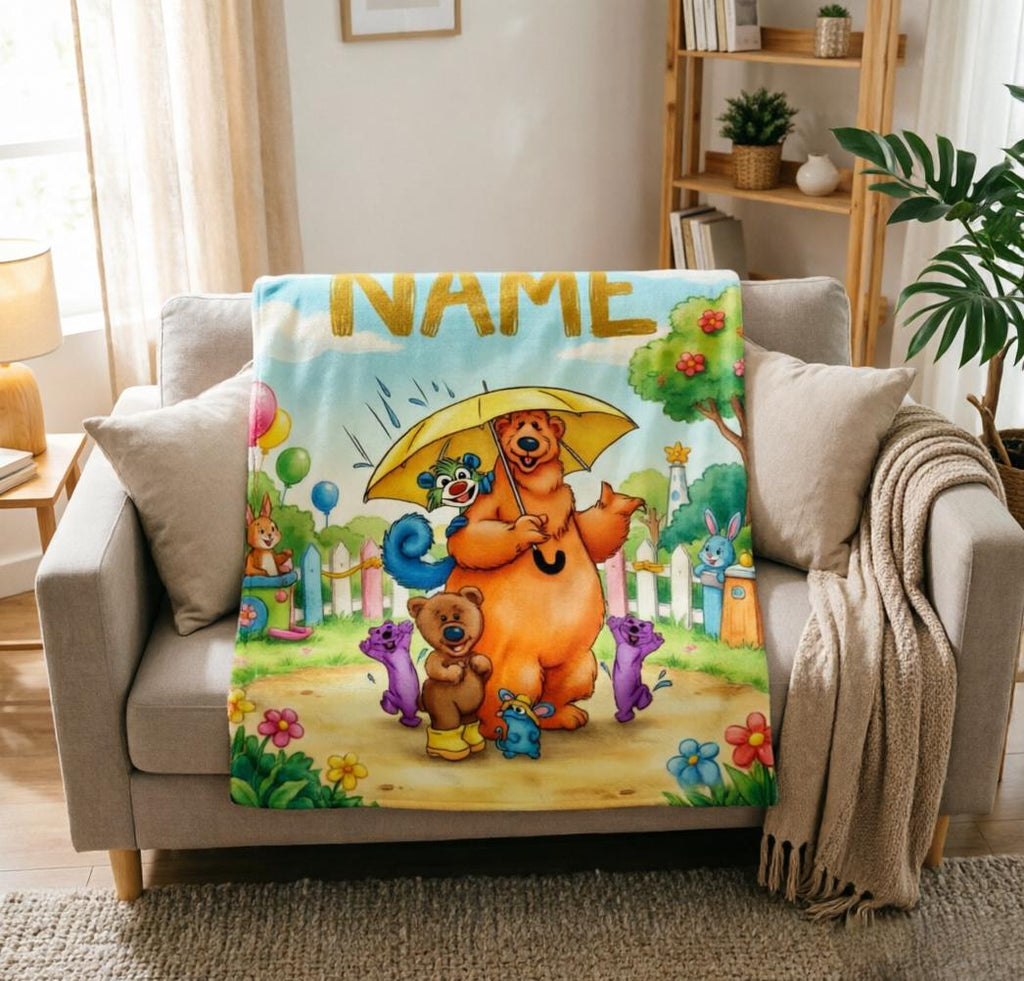 Personalized Bear Big Blue House Blanket, Soft Plush Throw, Custom Name Kids Gift
