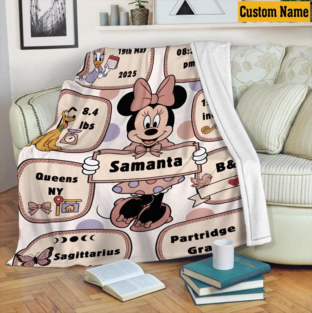 Personalized Minnie Mouse and Friends Birth Stats Blanket, Custom Name Mouse Ear Castle Pattern Throw, Disney Newborn Gift 2026