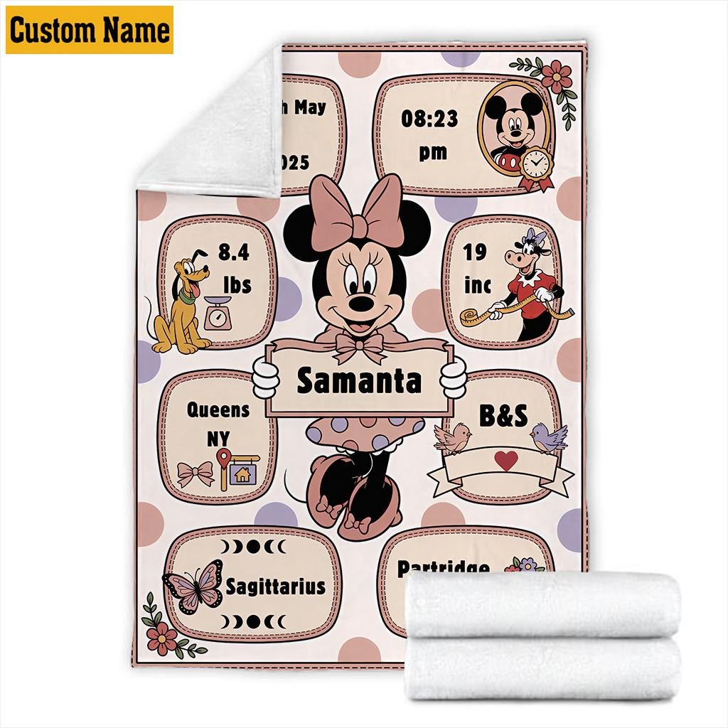Personalized Minnie Mouse and Friends Birth Stats Blanket, Custom Name Mouse Ear Castle Pattern Throw, Disney Newborn Gift 2026