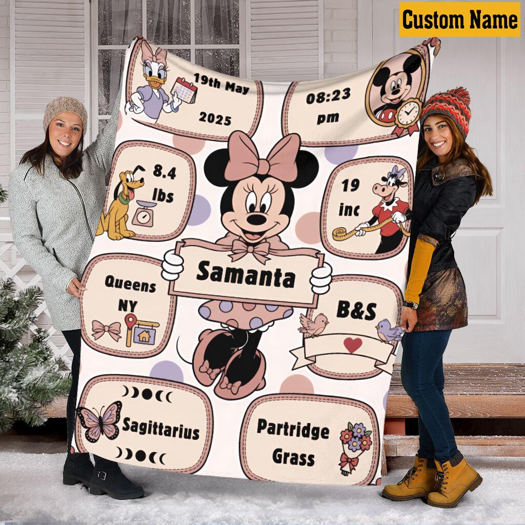 Personalized Minnie Mouse and Friends Birth Stats Blanket, Custom Name Mouse Ear Castle Pattern Throw, Disney Newborn Gift 2026