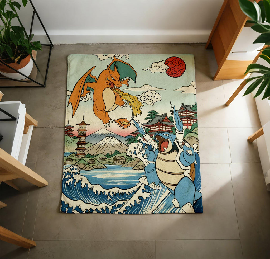 Ukiyo-e Charizard Blastoise Blanket Soft Throw, Pokemon Vintage Japanese Art Throw, Gamer Birthday Gift