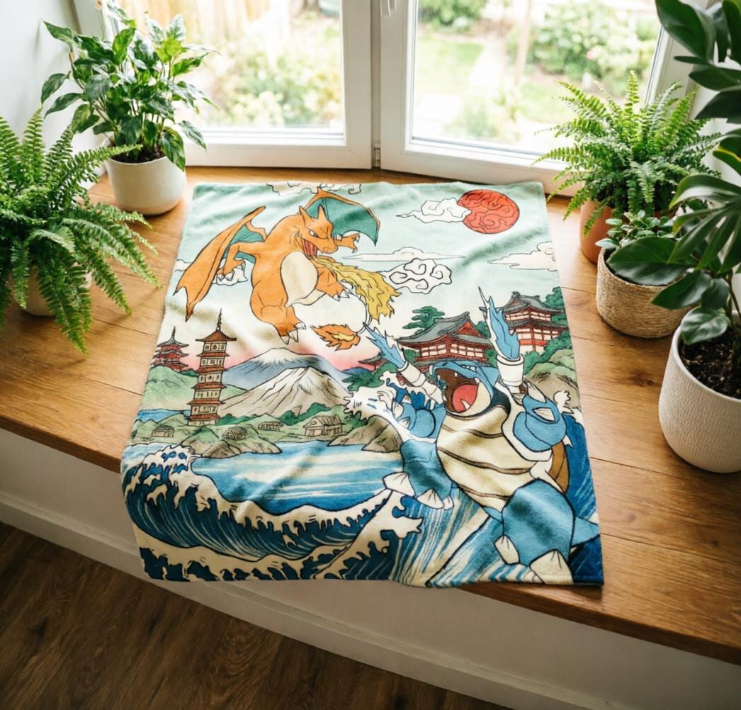 Ukiyo-e Charizard Blastoise Blanket Soft Throw, Pokemon Vintage Japanese Art Throw, Gamer Birthday Gift