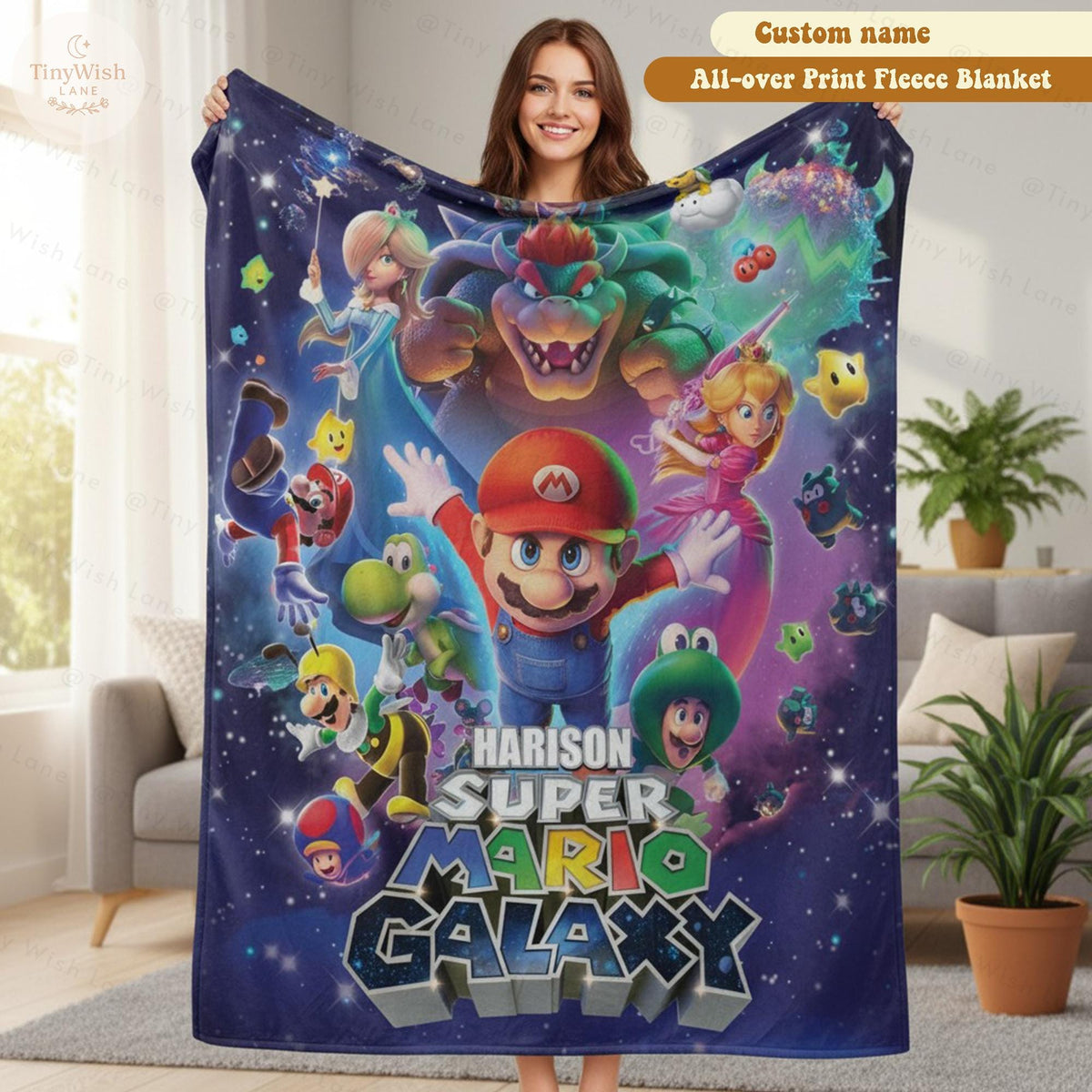 Personalized Disney Inspired Space World Blanket, Custom Name Cartoon Adventure Throw, Galaxy Game Inspired Blanket, Kids Room Decor Gift