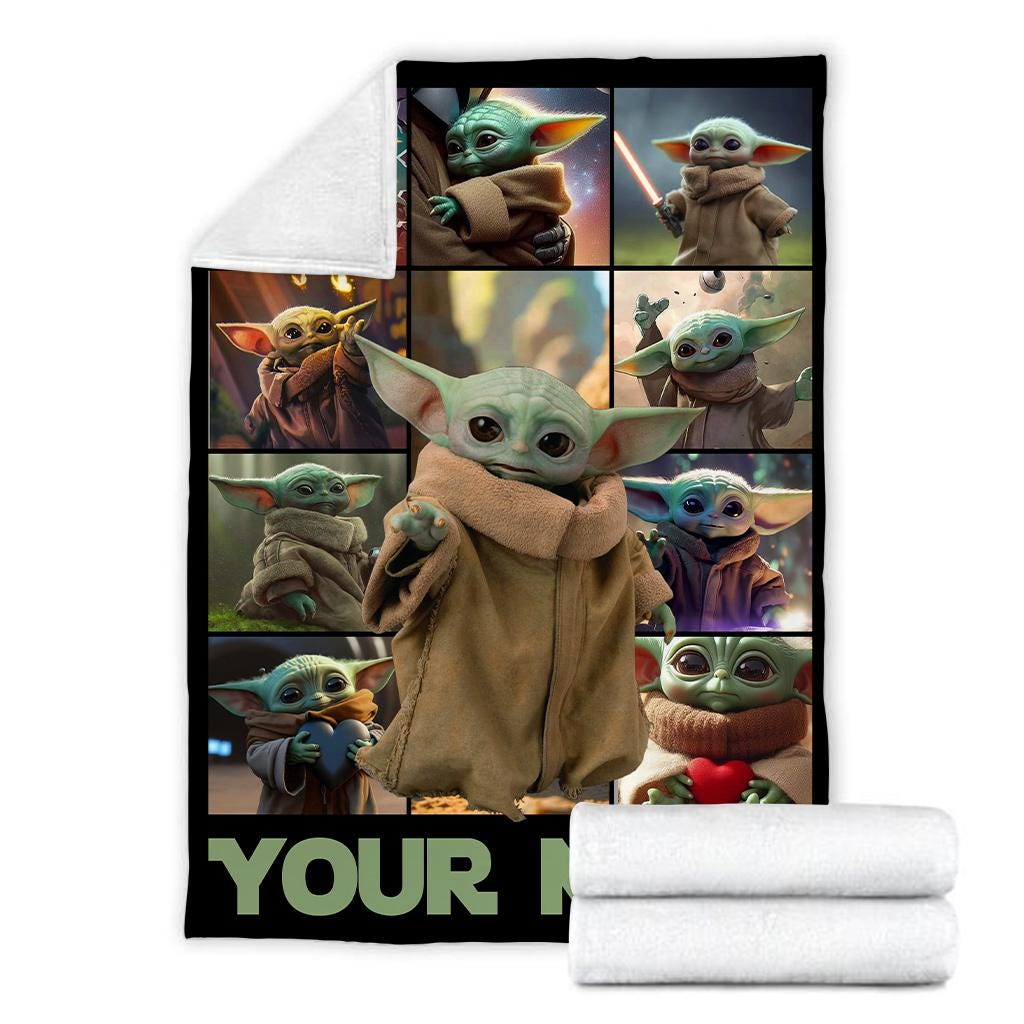 Custom Name Baby Yoda Fleece Blanket, Disney Star Wars Blanket, Christmas Blanket, Birthday Gift Birthday Boy, Cozy Disney Home Decor