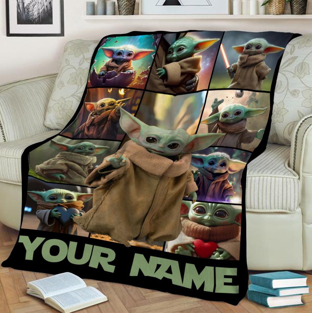 Custom Name Baby Yoda Fleece Blanket, Disney Star Wars Blanket, Christmas Blanket, Birthday Gift Birthday Boy, Cozy Disney Home Decor