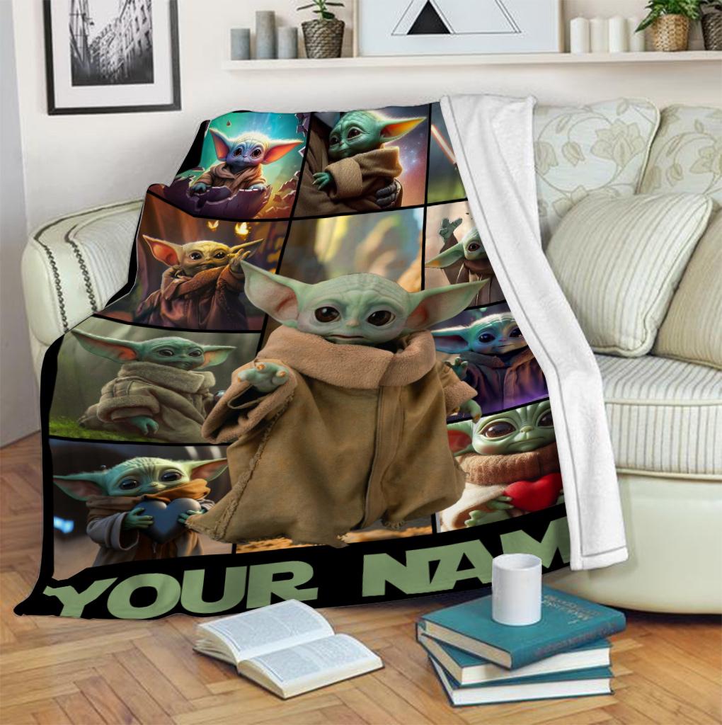 Custom Name Baby Yoda Fleece Blanket, Disney Star Wars Blanket, Christmas Blanket, Birthday Gift Birthday Boy, Cozy Disney Home Decor