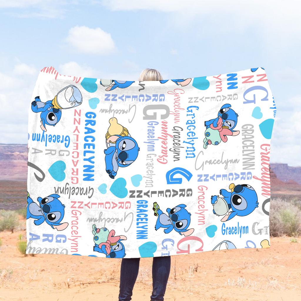 Custom Name Stitch Baby Kids Name Blanket, Personalized Lilo Stitch Baby Blanket, Stitch Blanket, Disney Trip Birthday Gift For Boy Girl