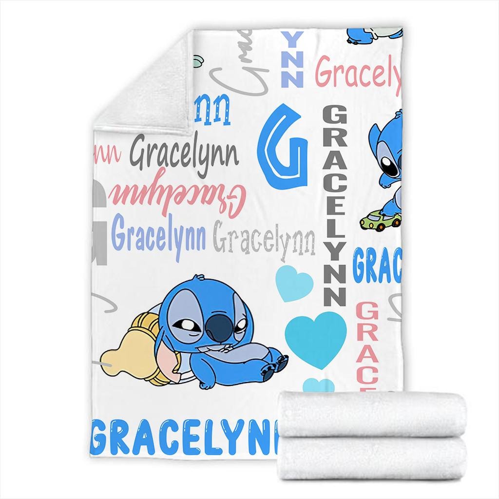 Custom Name Stitch Baby Kids Name Blanket, Personalized Lilo Stitch Baby Blanket, Stitch Blanket, Disney Trip Birthday Gift For Boy Girl