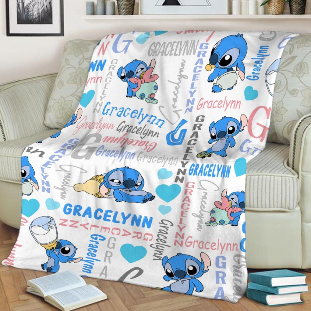 Custom Name Stitch Baby Kids Name Blanket, Personalized Lilo Stitch Baby Blanket, Stitch Blanket, Disney Trip Birthday Gift For Boy Girl