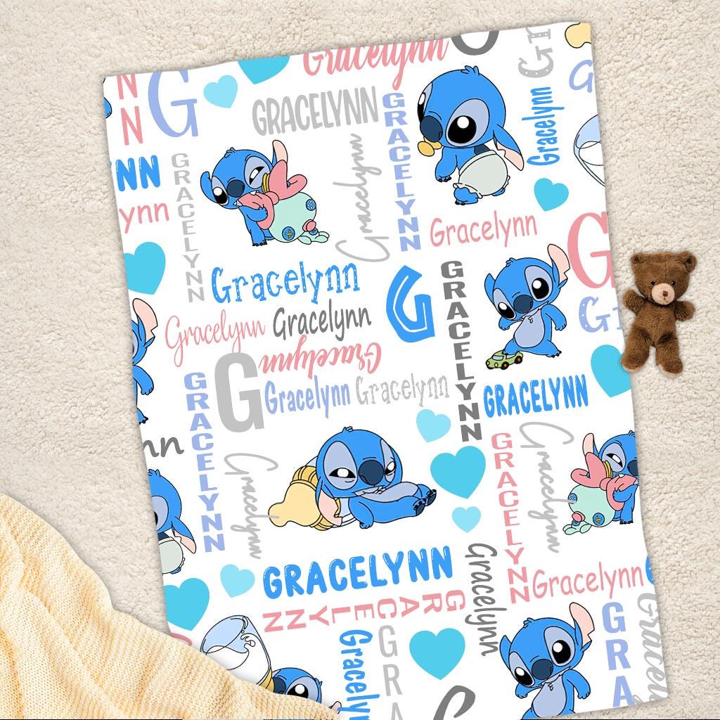 Custom Name Stitch Baby Kids Name Blanket, Personalized Lilo Stitch Baby Blanket, Stitch Blanket, Disney Trip Birthday Gift For Boy Girl