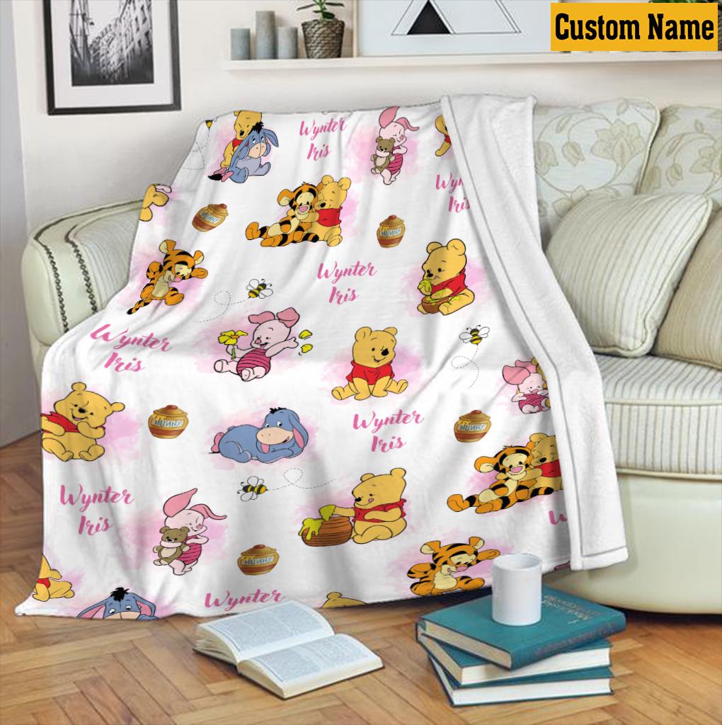 Personalized Winnie the Pooh Baby Blanket, Custom Name Eeyore, Piglet, Tigger , Vintage Pooh and Friends Fleece Blanket, Birthday boy Girl