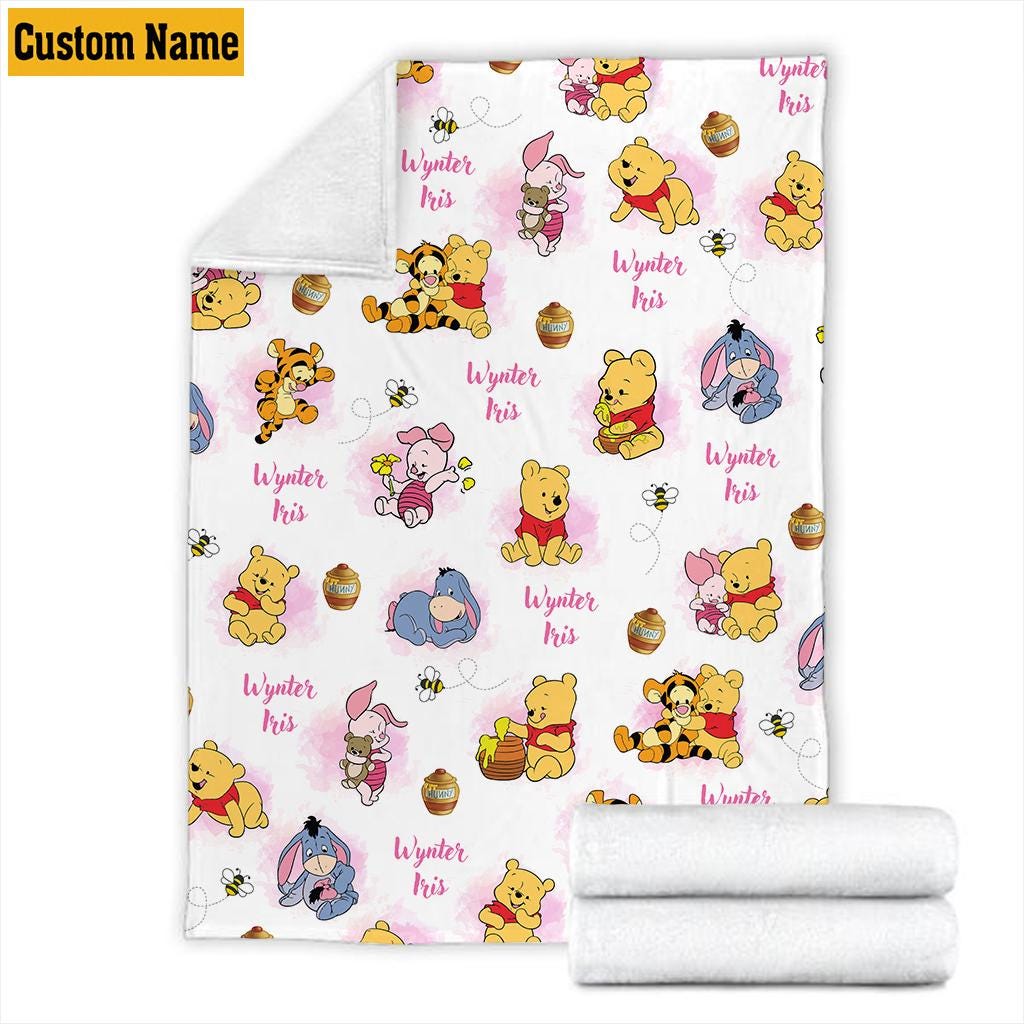 Personalized Winnie the Pooh Baby Blanket, Custom Name Eeyore, Piglet, Tigger , Vintage Pooh and Friends Fleece Blanket, Birthday boy Girl